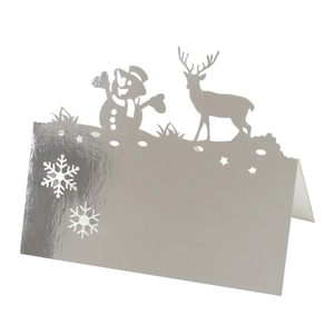 Silver laser-cut 3D Christmas butterfly seating cards with snowman and reindeer patterns