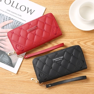 Damen Lange Reißverschluss Geldbörse PU Leder Gestepptes Herzmuster Bärenstickerei Große Kapazität Clutch Mit Handgelenkschlaufe