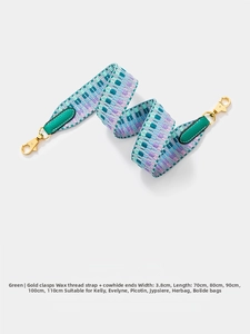 Detail of woven 3.8cm wide strap in green, purple and blue with gold metal hooks
