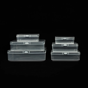 Stack of 6 clear rectangular plastic storage boxes for tool and hardware organization