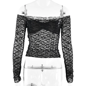 Close-up of black lace off-shoulder top showing detailed mesh texture and slim fit design