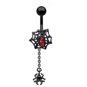 Gothic spider web belly ring with a red pear-shaped rhinestone in black finish
