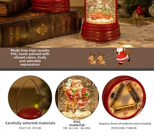 Detail of red Christmas lantern ornament with hand-painted Santa Claus and reindeer scene
