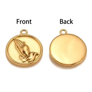 Gold stainless steel round pendant with embossed praying hands and smooth reverse side