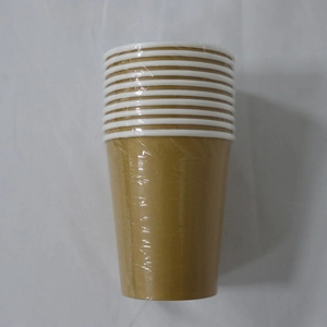 Stack of kraft paper cups with white rims wrapped in plastic film for party use
