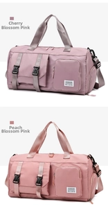 Detail of travel duffle bags in Sakura Pink and Peach Pink with separate shoe compartment