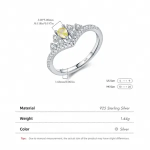 Bague couronne en argent 925 avec zircon jaune en poire et anneau serti de diamants