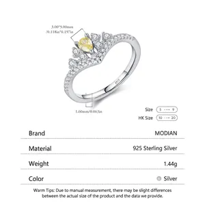 S925 Sterling Silver crown ring with yellow pear-cut zircon and pavé diamond band