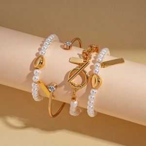 Elegant 18k gold plated pearl chain bracelet set with OT buckle and zircon accents