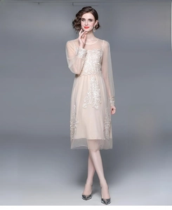 Détails de broderies élégantes sur robe longue en tulle couleur champagne chic