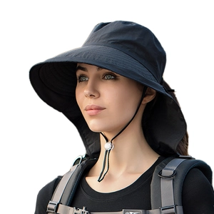 Women's wide brim black outdoor sun hat with neck protection and adjustable wind cord