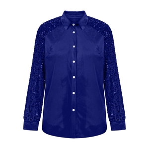 Navy velvet long sleeve shirt with sequin sleeve patches and button-down collar