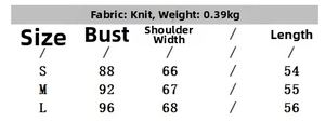Size chart for the knit cardigan with measurements for S, M, and L sizes in centimeters