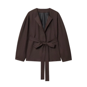Giacca Corta Donna Con Cintura Marrone Caffè Revers Scollo A V Maniche Lunghe Stile Kimono Soprabito Casual Elegante Chic