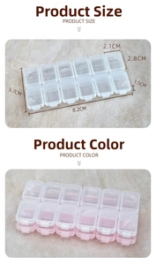 Detailed dimensions of 12-slot clear nail art storage box with pink variant