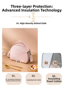 Pink insulated lunch bag showing three-layer oxford fabric, pearl cotton and aluminum foil
