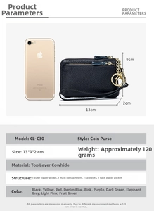 Detailed size comparison of a leather wallet with a smartphone and specification table