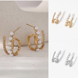 Stainless Steel Double Row C-Shaped Earrings With Imitation Artificial Pearl And Zircon French Vintage Style For Women
