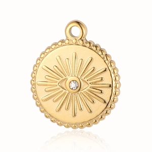 Detailed close-up of golden stainless steel Evil Eye pendant with clear rhinestone center
