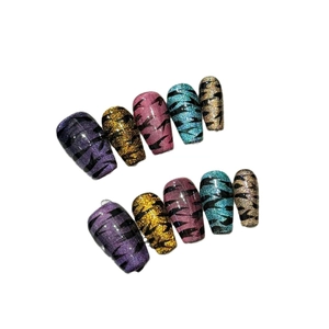 Tiger pattern cat eye press-on nails in colorful glitter finish with coffin shape