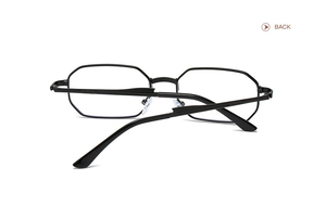 Rear view of black geometric octagonal metal glasses frame with clear silicone nose pads