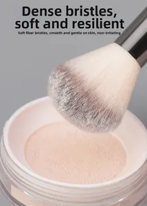 Macro shot of fluffy synthetic fiber powder brush with fine powder on elastic mesh filter