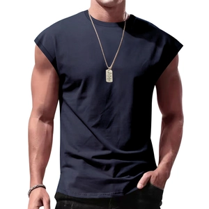 Men's dark blue sleeveless workout tank top with a round neck and relaxed fit