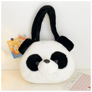 Macro detail of the plush panda shoulder bag showing soft fur texture and cute 3D ears