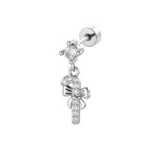 Silver bow candy cane piercing stud with zircon inlays on a white background