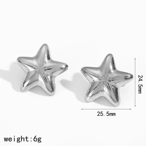 Detail view of 304 stainless steel starfish earrings with polished texture and size specs
