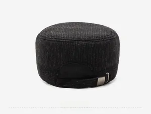Rear view of wool flat top army cap with adjustable strap and metal buckle detail
