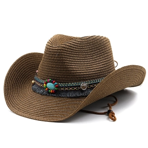 Brown woven cowboy hat with turquoise beads, metallic pendants and adjustable chin strap