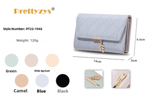 Detailed dimensions and color chart for long PU leather quilted wallet with leaf zipper