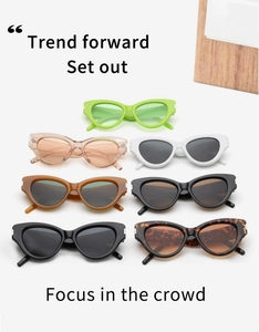 Multiple stylish cat eye sunglasses in various colors with metallic temple accents
