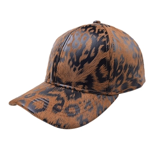 Detailed view of the leopard print pattern and fabric texture of the baseball cap