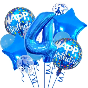 Blue number 4 foil balloon set with star and confetti balloons for birthday party decor