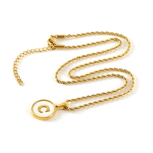 Gold stainless steel twisted chain necklace with a white circular pendant and C letter