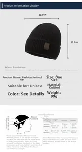 Size guide for warm knitted winter hat with product dimensions and head size chart