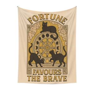 Retro astrology tapestry with black cats moon phases and Fortune Favours The Brave quote