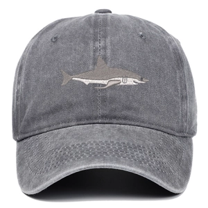 Detailed view of shark embroidery on dark gray washed cotton vintage baseball cap