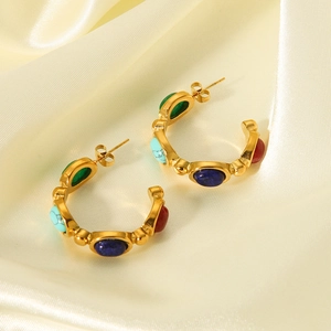 Retro 18K gold plated stainless steel C-shape earrings with colorful natural stones