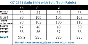 Size chart detail showing measurements for women's satin shirt with matching belt