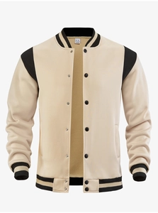Detailed flat lay of varsity baseball jacket with contrast sleeves and ribbed cuffs