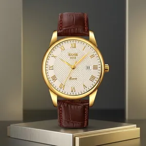 Classic men business quartz watch with gold case, white dial and brown leather strap