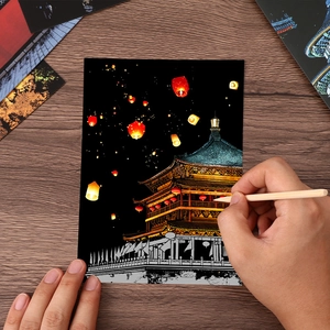 Kit d'art à gratter créatif avec architecture chinoise et lanternes nocturnes