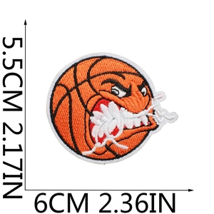 Detail view of cartoon basketball embroidery patch with size markers in CM and inches