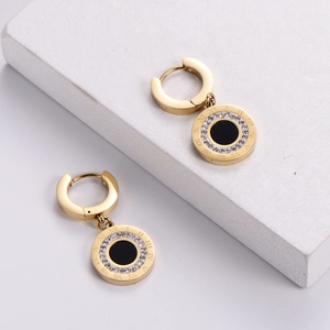 Roman numeral earrings in 18k gold plated steel with black center and crystals