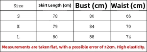 Size chart for halter backless black dress with S, M, L dimensions in centimeters