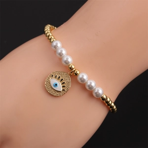 Bracciale Con Ciondolo Malocchio Con Perline In Rame E Imitazioni Di Künstliche Perle Gioielli Elastici Bohemien Per Donna