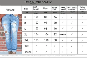 Tableau des tailles détaillé pour jeans skinny troués avec mesures taille et hanches